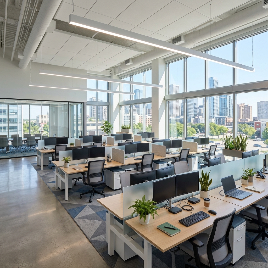 Grand open space d'entreprise très lumineux subissant les apports solaires sur ses vitrages