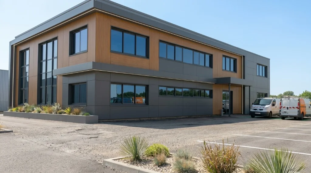 Façade de bâtiment tertiaire après la pose des films solaires