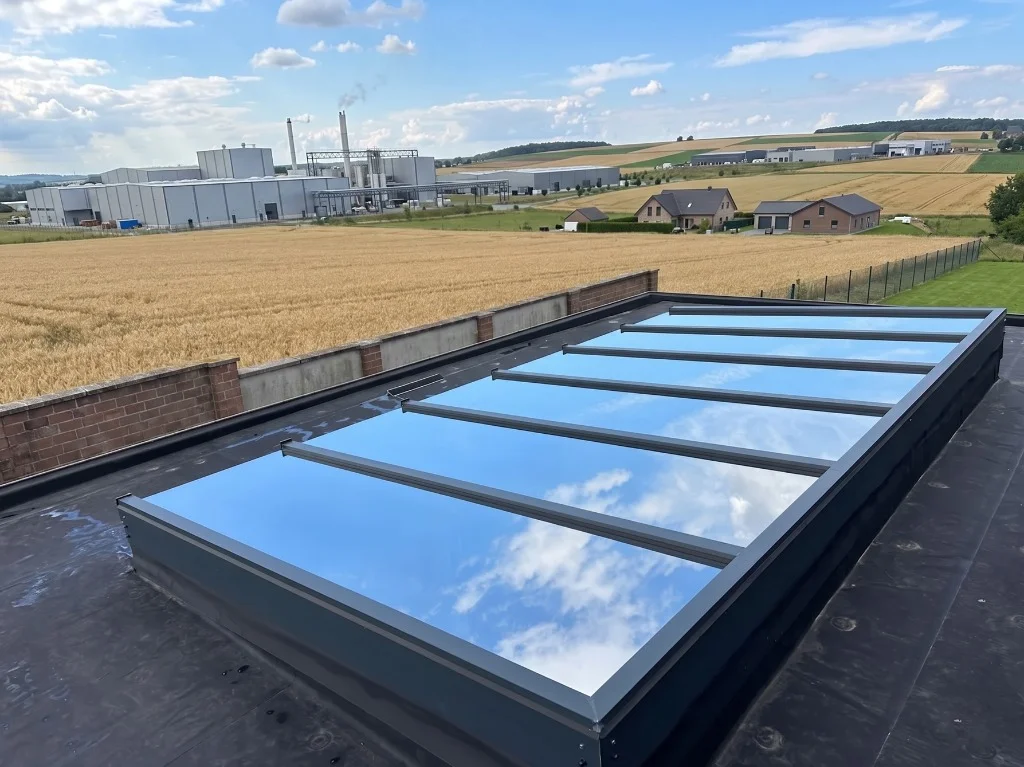 Photo réelle du chantier : Verrière de toiture industrielle