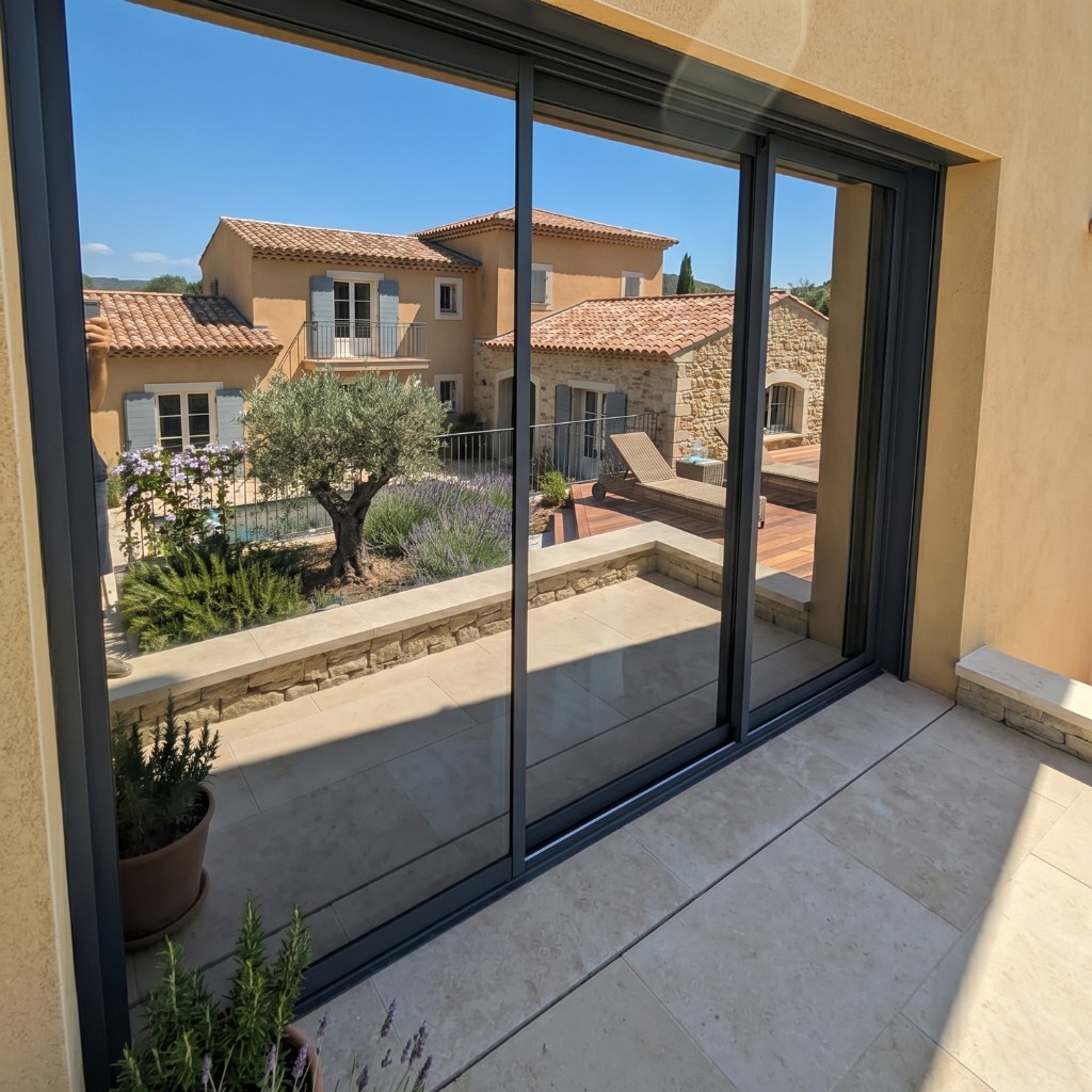 Baie vitrée après pose de film miroir