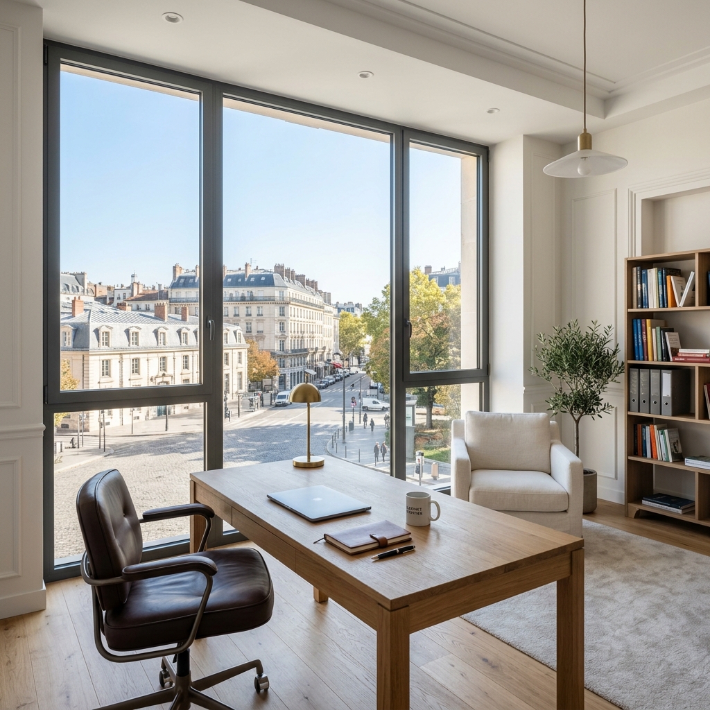 Vue depuis l'intérieur d'un cabinet professionnel montrant l'efficacité du film anti-chaleur sans altérer la luminosité