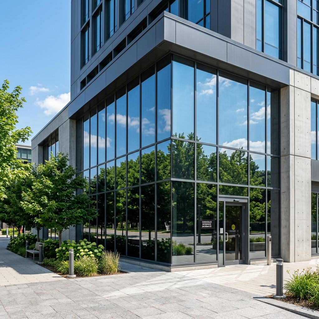 Façade de bureaux au rez-de-chaussée protégée par un film miroir sans tain contre le vis-à-vis