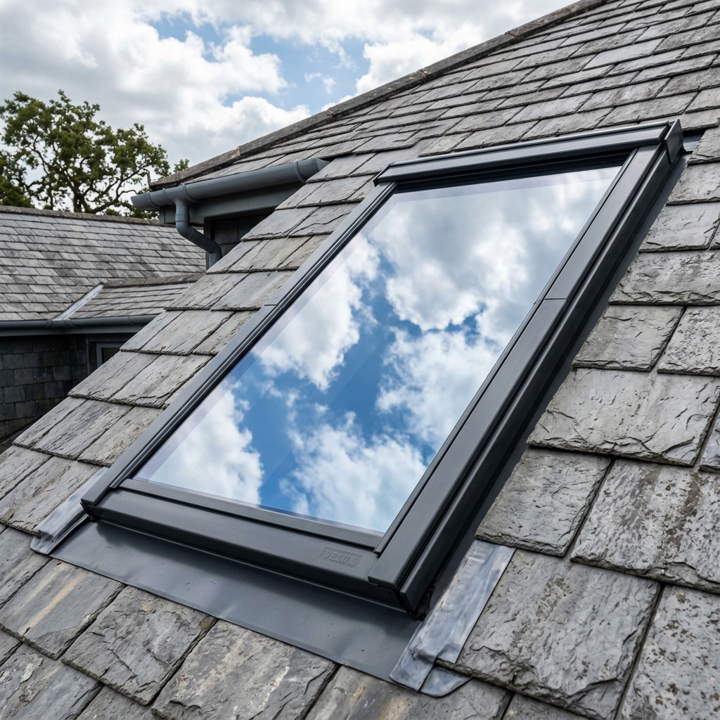 Reflet miroir du ciel sur un Velux de toiture équipé d'un film solaire extérieur
