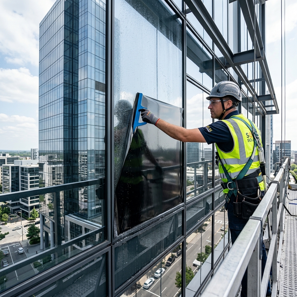 Technicien Opalis Solaire posant un film solaire sur la façade d'un grand bâtiment de bureaux