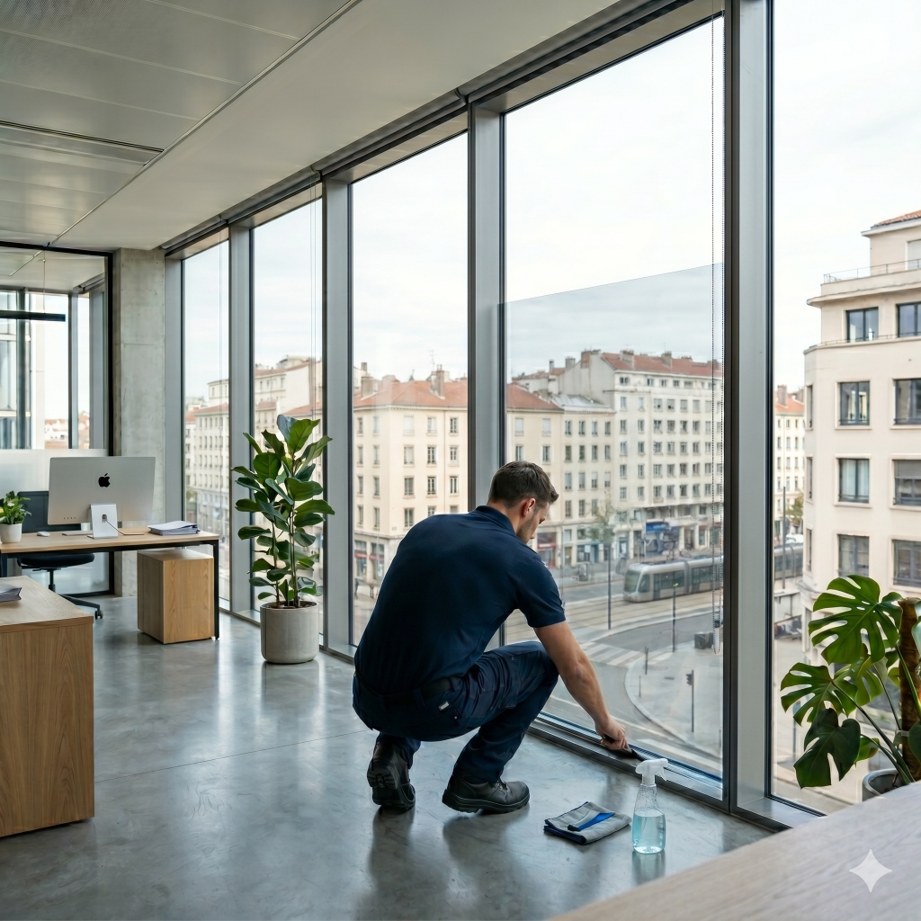 Poseur installant un film anti-chaleur sur une baie vitrée