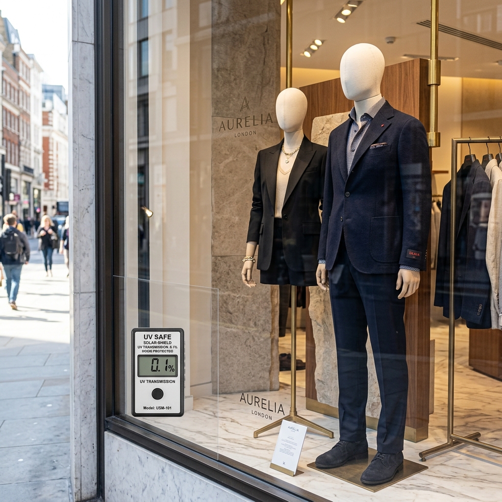 Vitrine de boutique de luxe totalement transparente équipée d'un film de protection anti-UV