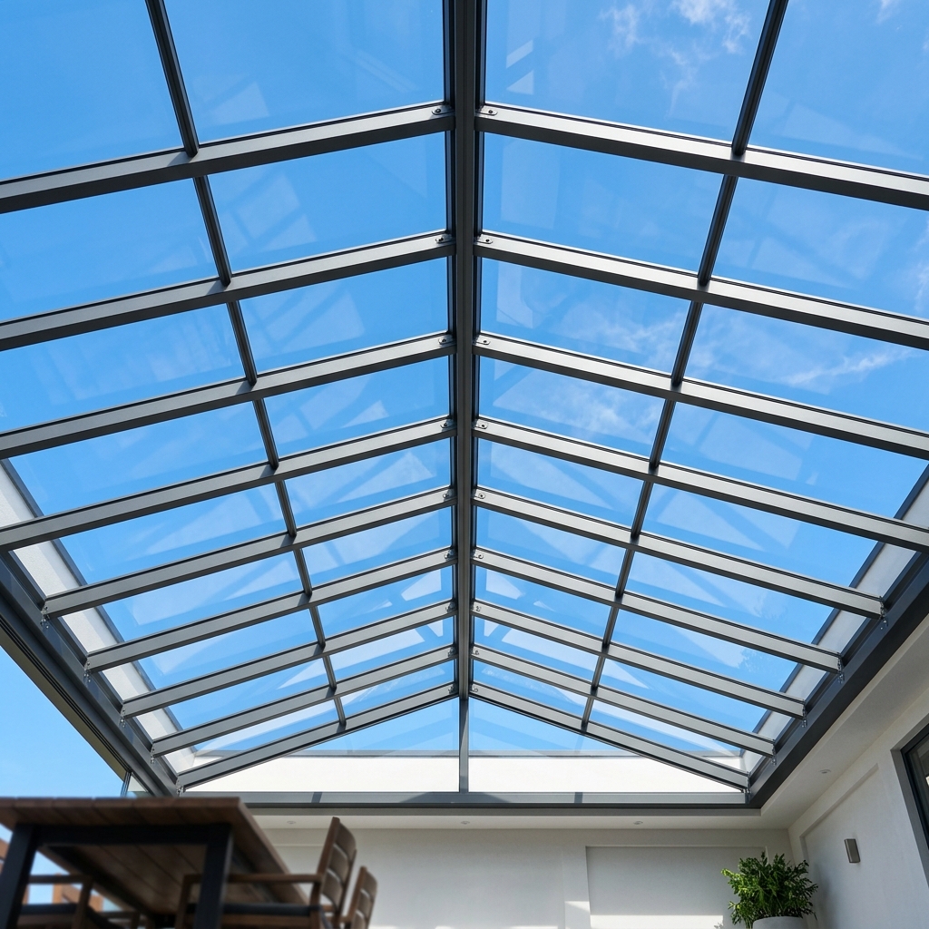 Toiture de véranda en verre traitée avec un film solaire de protection thermique