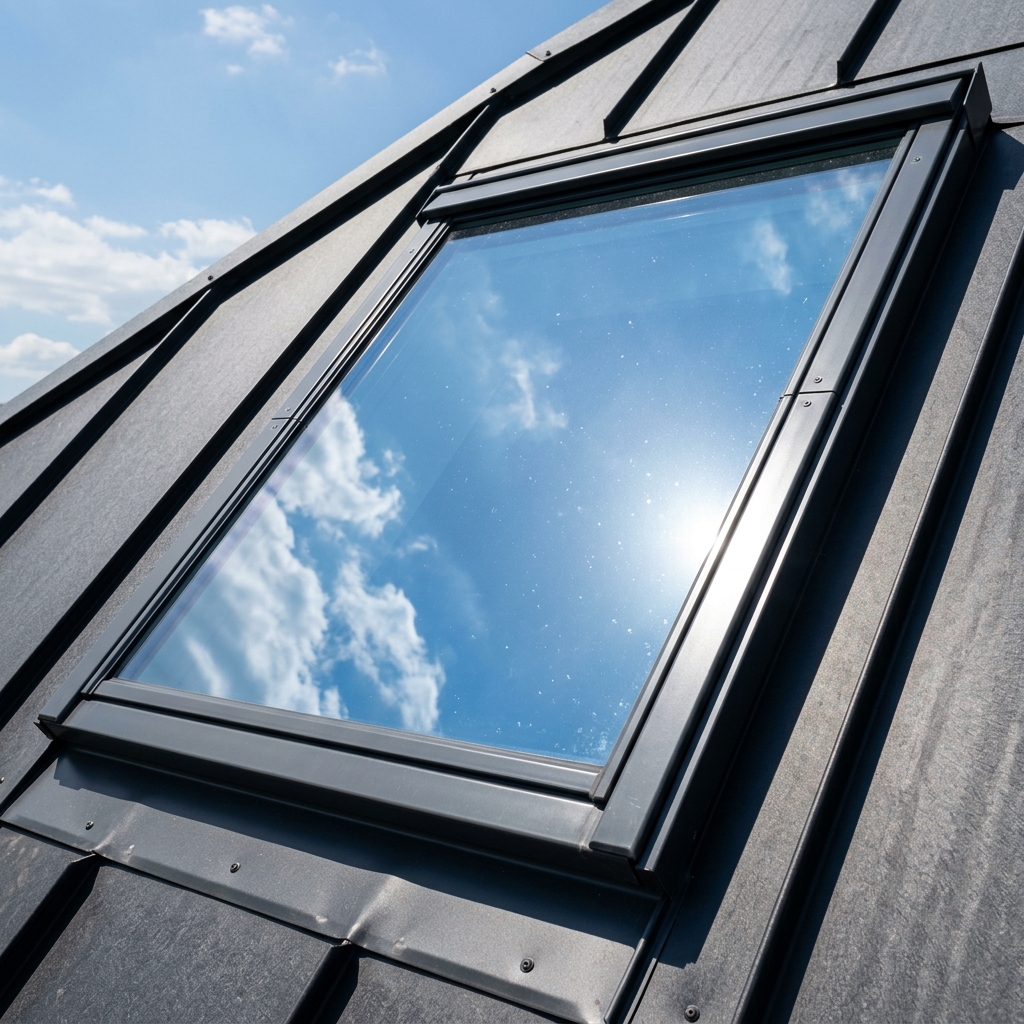Film solaire posé à l'extérieur d'un Velux reflétant intensément les rayons du soleil
