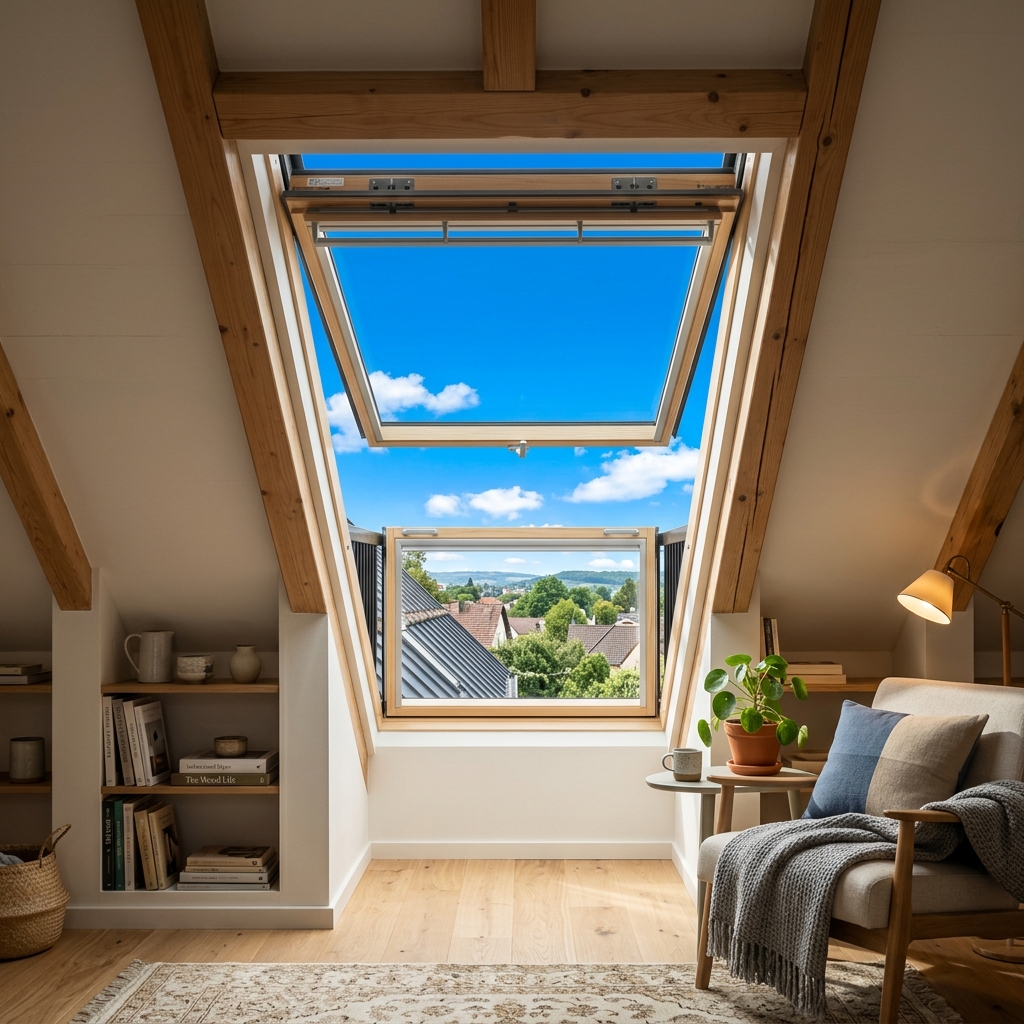Intérieur de combles aménagés lumineux avec Velux équipé d'un film solaire