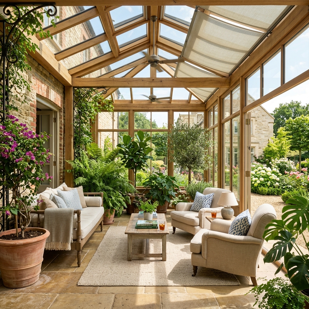 Intérieur de véranda lumineuse et fraîche grâce au film solaire thermique